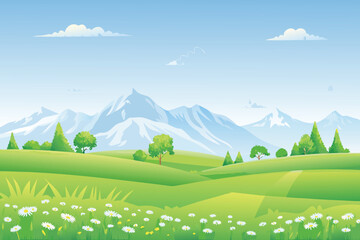 Naklejka premium Rolling green hills and mountains with wildflowers under a clear blue sky stock illustration