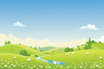 Fototapeta premium Rolling green hills with a stream and sheep grazing under a blue sky with clouds. illustration