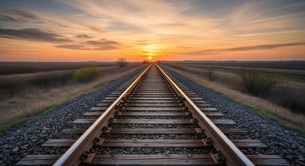 Obraz premium Railway tracks leading to sunset horizon in rural landscape