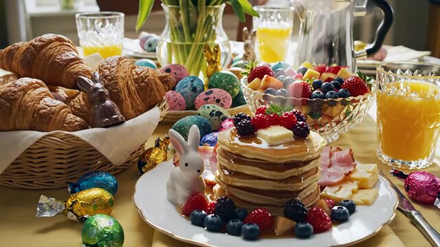 Delicious easter brunch table setting with pancakes and croissants