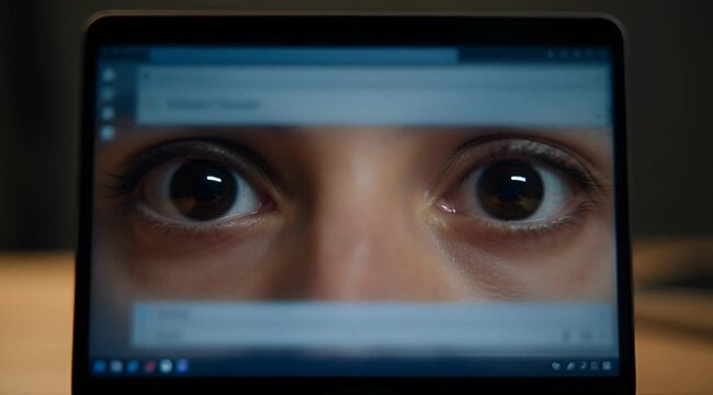 Eyes reflected in a laptop screen displaying a blurred web browser page