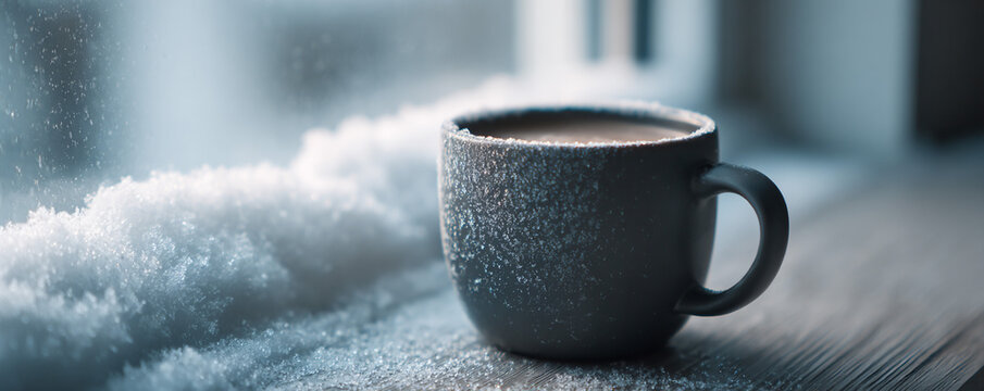 Product-style mug close-up, soft snow buildup on window sill behind 32k ultra HD