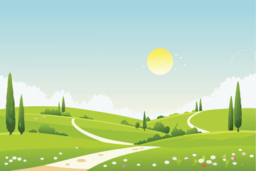Rolling green hills with winding paths under a sunny sky cypress trees and wildflowers