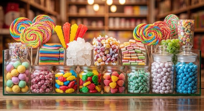 A colorful candy display with various types of candies, including lollipops, gummies, and hard candies, arranged in glass jars on a wooden table in a store or candy shop.
