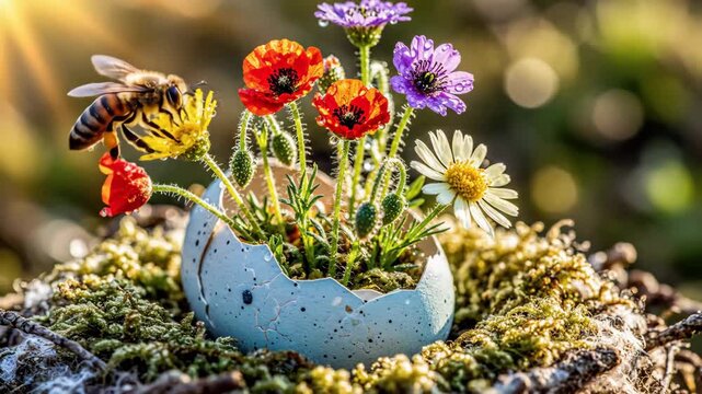 Honey bee pollinating wildflowers growing inside an eggshell