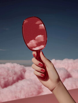 A hand holding a translucent red mirror reflecting clouds against a dreamy pink cloud landscape. Surreal beauty and imagination concept with vibrant aesthetics.