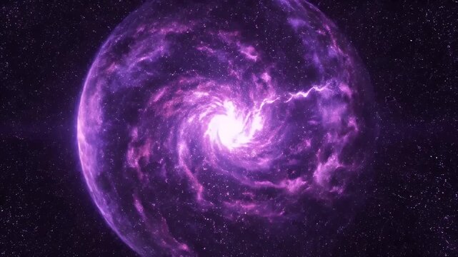 A celestial vortex in deep space, glowing purple, featuring a bright core and stars