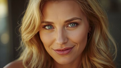 Naklejka premium Radiant thirty year old blonde woman with sun kissed skin and a mischievous smirk looks into the camera with confidence generative AI
