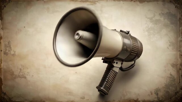 Vintage metal megaphone bullhorn lying on textured aged parchment paper for old fashioned announcement and news concepts