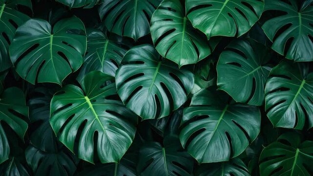 Lush green monstera deliciosa leaves creating a dense tropical foliage background with natural patterns and textures