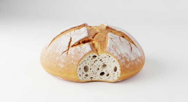 A loaf of bread with a cut open, showing the inside, placed on a white surface with a white background.