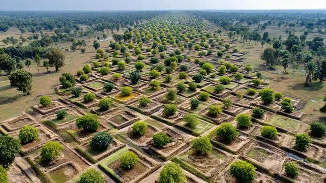 Ancient ruins of trees: A captivating aerial panorama unveils the remnants of an ancient settlement, where geometric patterns of dwellings intertwine with verdant trees.