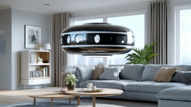 Futuristic Home Automation: A modern living space is illuminated by a levitating smart device. The room features a couch, a coffee table, and large windows that offer views.