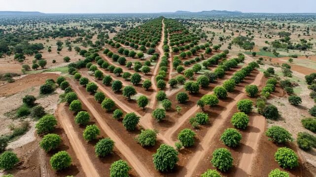 Geometric Orchard: A breathtaking aerial perspective captures a meticulously planned orchard, rows of lush trees create stunning geometric patterns across the landscape.