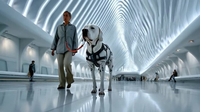 A Woman and Her Dalmatian in Modern Corridor: A woman walks her dalmatian dog through a spacious, futuristic corridor.