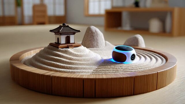 Zen Garden Serenity: A miniature Zen garden evokes tranquility, with meticulously raked sand, miniature pagoda, and serene rock formation, creating a miniature world of balance and peace.