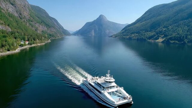 Navigating the Fjords: A modern ferry gracefully glides through serene waters, flanked by towering mountains.