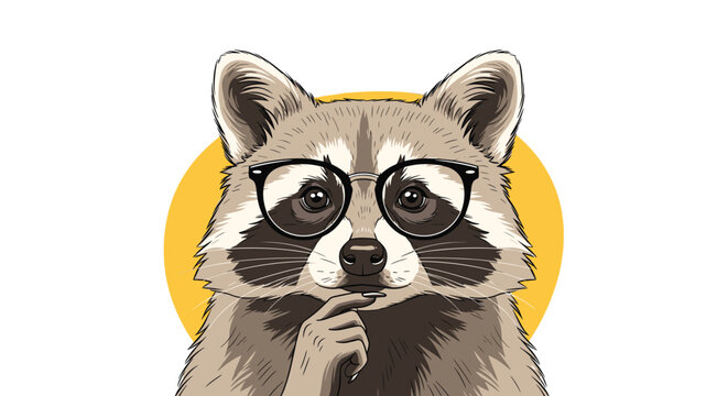 Thoughtful raccoon character wearing black rimmed glasses and resting its hand on its chin against a yellow circle.