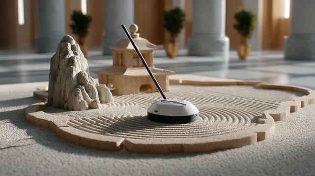 Serene Sand Garden: A miniature zen garden creates a tranquil oasis of calm with meticulously raked sand, a delicate pagoda, and a carefully placed rock formation, all bathed in soft, natural light.
