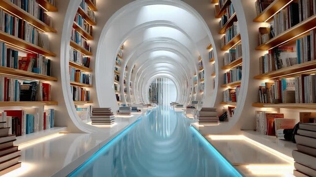 Architectural Haven: A modern, light-filled library. A long, mirrored pool and archways lead to an interior space lined with bookshelves and lit by soft light. 