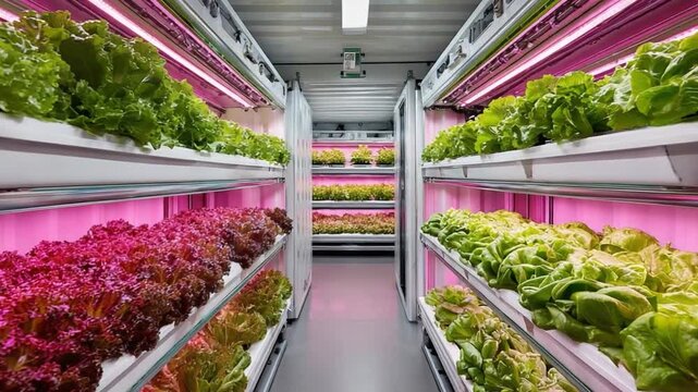 Urban Farm Oasis: Rows of vibrant lettuce varieties thrive under the glow of specialized LED lights, showcasing a modern agricultural approach to sustainable food production within an urban setting.