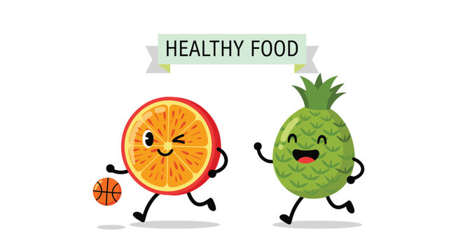 Energetic orange slice playing basketball alongside a happy green pineapple character under a healthy food banner.