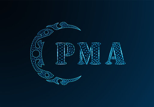 Low poly letter logo PMA design. PMA letter logo low poly vector design on blue color gradient background. PMA logo low poly design