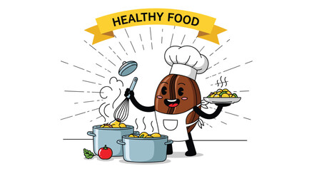 Fototapeta premium Enthusiastic coffee bean chef character wearing a white hat and apron while cooking delicious meals in large pots.