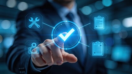 Naklejka premium Businessman pressing virtual checkmark button,quality assurance and project approval concept with digital interface icons for workflow management and corporate control