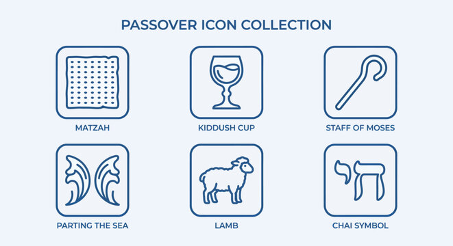 A collection of six icons representing Passover symbols, including matzah, kiddush cup, staff of Moses, parting the sea, lamb, and chi symbol on a light blue background.