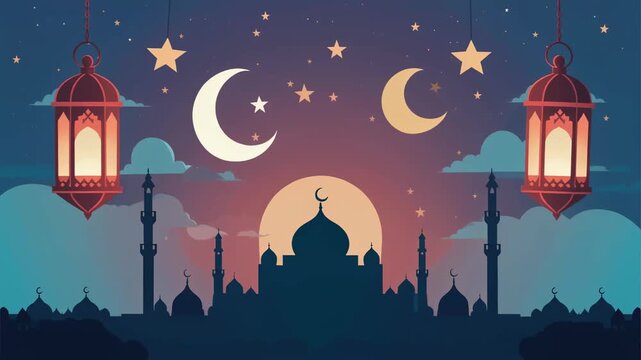 Decorative lantern glow beneath crescent moon ramadan animation background, Mosque silhouette under peaceful starry sky greeting design, Elegant ramadan kareem spiritual celebration concept.