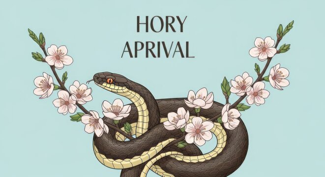 A stylized illustration of a snake entwined with cherry blossoms, with the text 'HORY APRIVAL' above it.