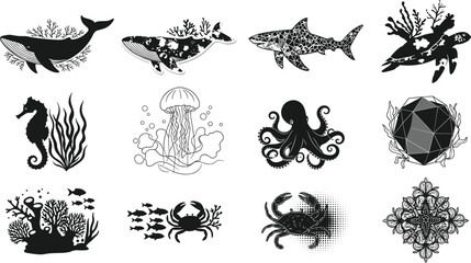 Marine life silhouette collection featuring whale shark turtle octopus jellyfish crab seahorse coral reef elements underwater ocean wildlife vector illustration set © creativeDesigner2023