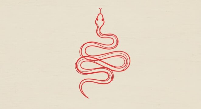 A red snake-like figure on a beige background, with a minimalist and modern design.
