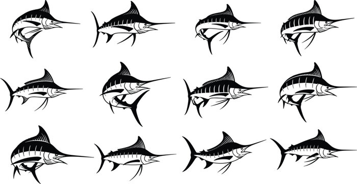 Marlin fish silhouette set in different swimming poses isolated on white background marine sport fishing ocean wildlife vector illustration collection