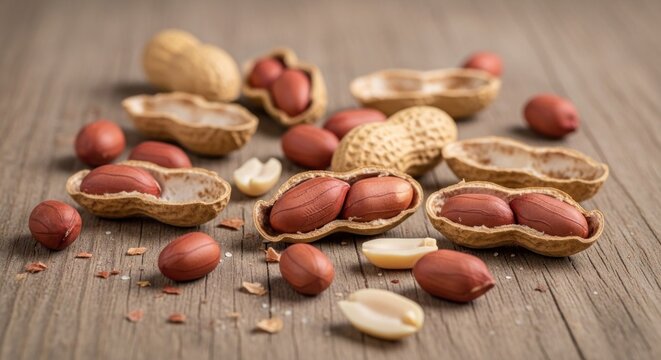 A wooden table with a pile of peanuts scattered across it, some in shells and some not, with a few whole peanuts in the background.
