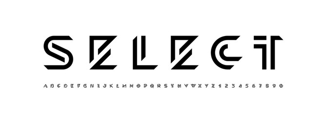 Logo font alphabet from segment lines, technology letters A, B, C, D, E, F, G, H, I, J, K, L, M, N, O, P, Q, R, S, T, U, V, W, X, Y, Z and numerals 0, 1, 2, 3, 4, 5, 6, 7, 8, 9, and numbers, vector © marooshka