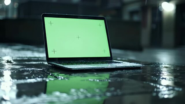 Laptop with Green Screen Display on Wet Surface at Night.