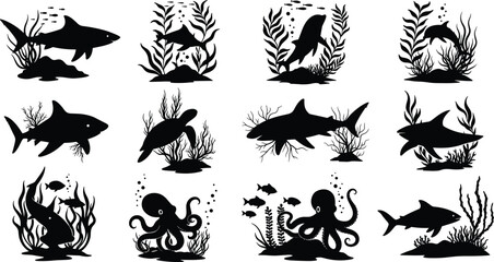 Underwater marine life silhouette set with shark turtle octopus fish coral reef plants ocean wildlife vector illustration collection © creativeDesigner2023