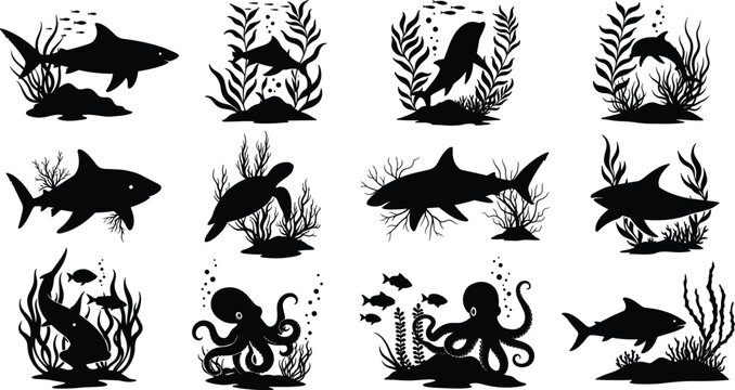 Underwater marine life silhouette set with shark turtle octopus fish coral reef plants ocean wildlife vector illustration collection