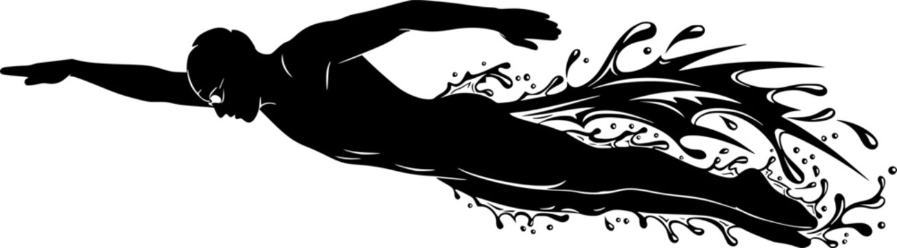 Solid black silhouette of a swimmer in a pool with water splash, minimalist aquatic sport and fitness motion vector illustration.