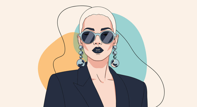 Fashionable woman with a buzz cut and sunglasses wears large silver ball earrings in a stylish vector portrait.