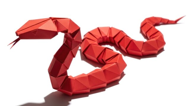 A three-dimensional origami snake with a red geometric design, set against a white background.