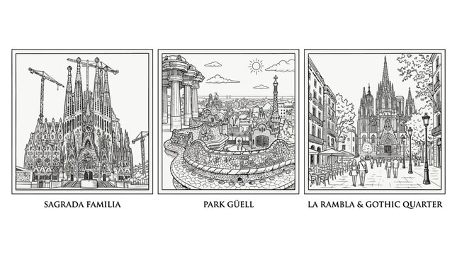 Barcelona Landmarks in Black and White Sketch Style