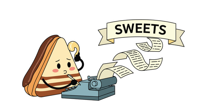 Creative slice of layer cake character works on a story using a vintage typewriter under a colorful sweets banner.
