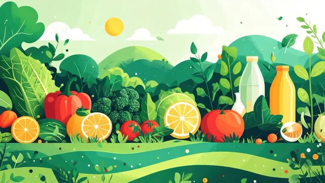 A vibrant, flat illustration of fresh fruits, vegetables, and beverages