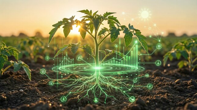 Smart agriculture agritech concept with young plant growing in soil and digital data HUD
