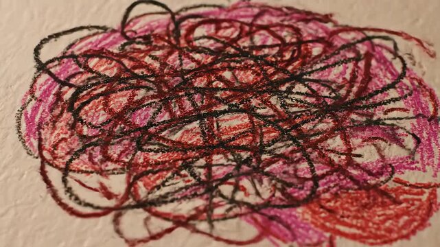 Confused messy scribbles untangling inside human brain drawing
