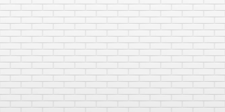 Subway tile background. White brick wall texture. Pattern for interior decoration. Ceramic tile for kitchen or bathroom backsplash. Realistic backdrop. 3D Vector illustration
