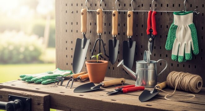 A wooden potting bench with gardening tools, including trowels, gloves, and a watering can, arranged against a green backdrop with a blurred garden scene in the background.